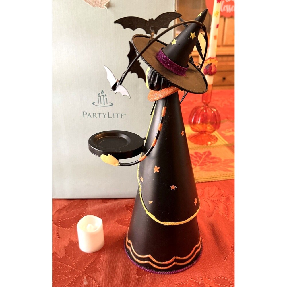 PartyLite Abracadabra Witch Halloween Candle Tealight Holder Glitter Bats W/ Box - Picture 4 of 8